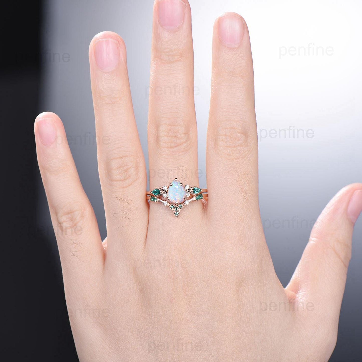 Vintage Pear Shaped Fire Opal Engagement Ring Set Rose Gold Opal Emerald Wedding Ring Set October Birthstone Six Prong Bridal Ring Set Women