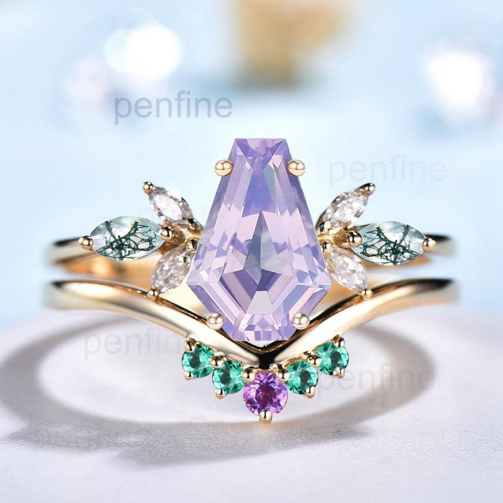 Vintage Coffin Cut Lavender Amethyst Engagement Ring Set Unique Yellow Gold Marquise Moss Agate Wedding Set Emerald Amethyst Stacking Band