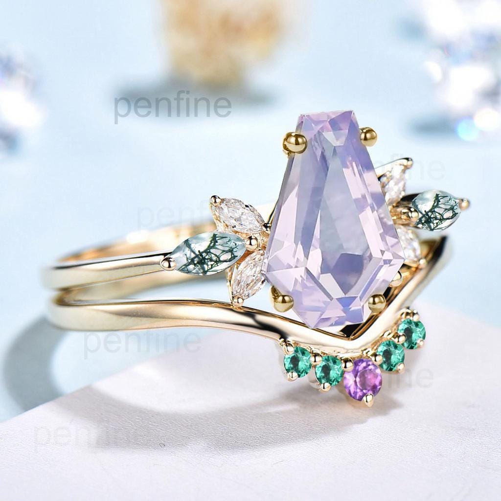 Vintage Coffin Cut Lavender Amethyst Engagement Ring Set Unique Yellow Gold Marquise Moss Agate Wedding Set Emerald Amethyst Stacking Band