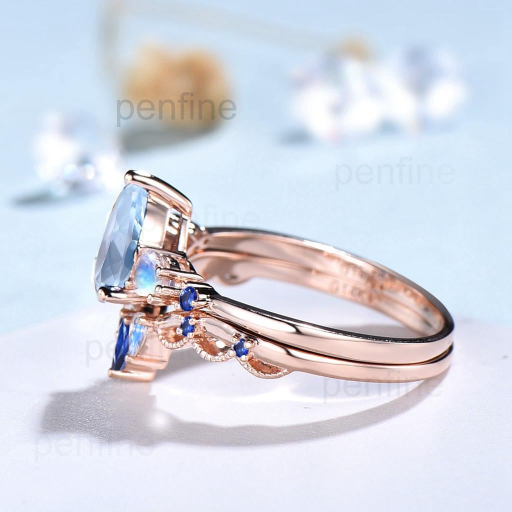 1.25CT Pear Shaped Natural Aquamarine Engagement Ring Set Five Stone Moonstone Sapphire Blue Gemstone Wedding Ring Set Rose Gold Bridal Set
