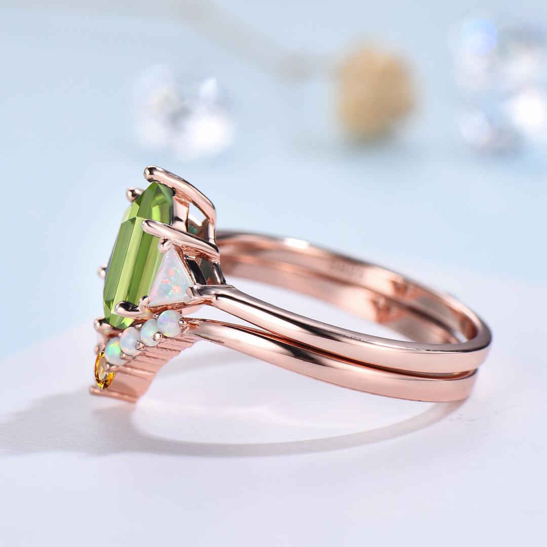 2pcs Peridot Ring Set Hexagon Cut Peridot with Trillion Opal Accents & Curved Band with Opal and Citrine August Birthstone