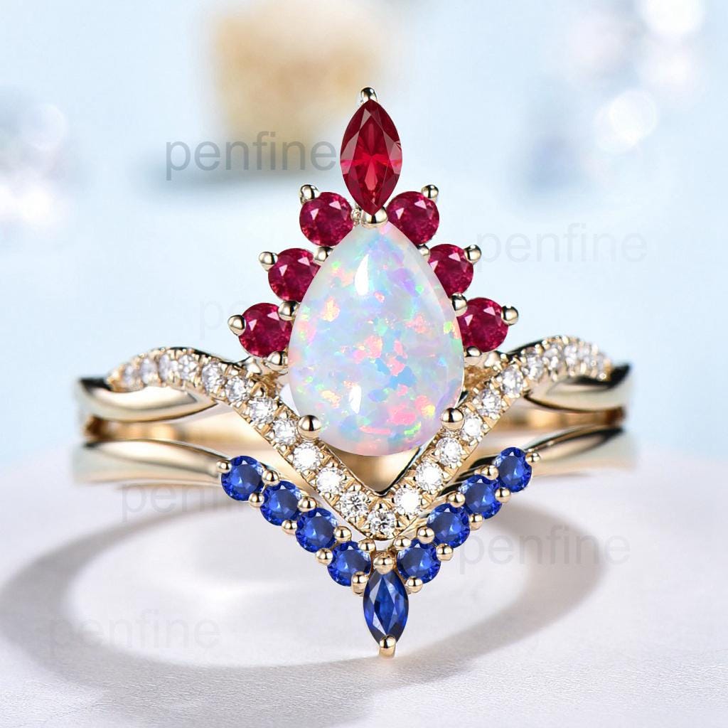 Vintage White Opal Engagement Ring Set Pear Shaped 14K Yellow Gold Sapphire Ruby Wedding ring Set Art Deco 2pcs Unique Twisted Bridal Set