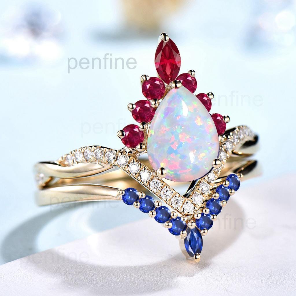 Vintage White Opal Engagement Ring Set Pear Shaped 14K Yellow Gold Sapphire Ruby Wedding ring Set Art Deco 2pcs Unique Twisted Bridal Set