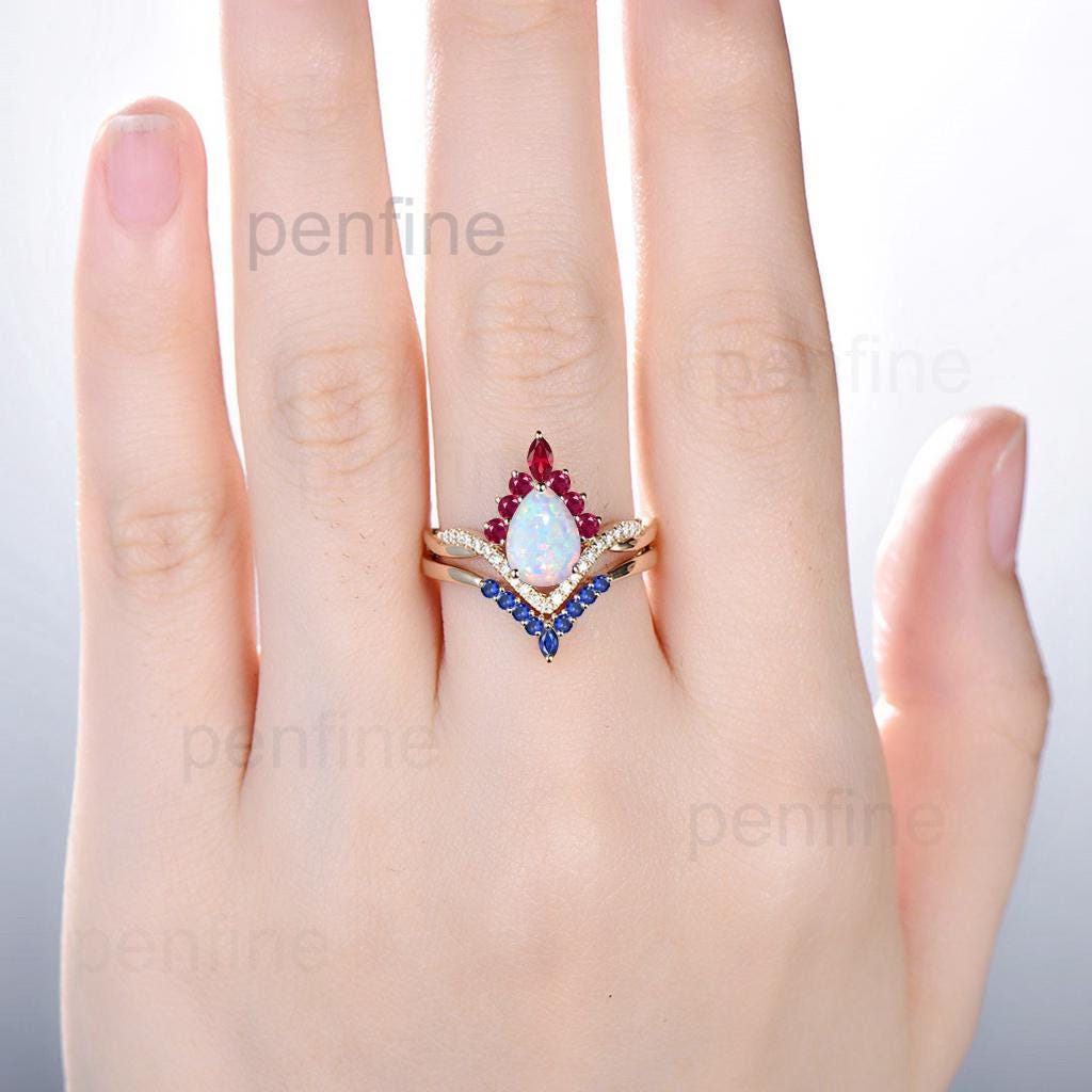 Vintage White Opal Engagement Ring Set Pear Shaped 14K Yellow Gold Sapphire Ruby Wedding ring Set Art Deco 2pcs Unique Twisted Bridal Set