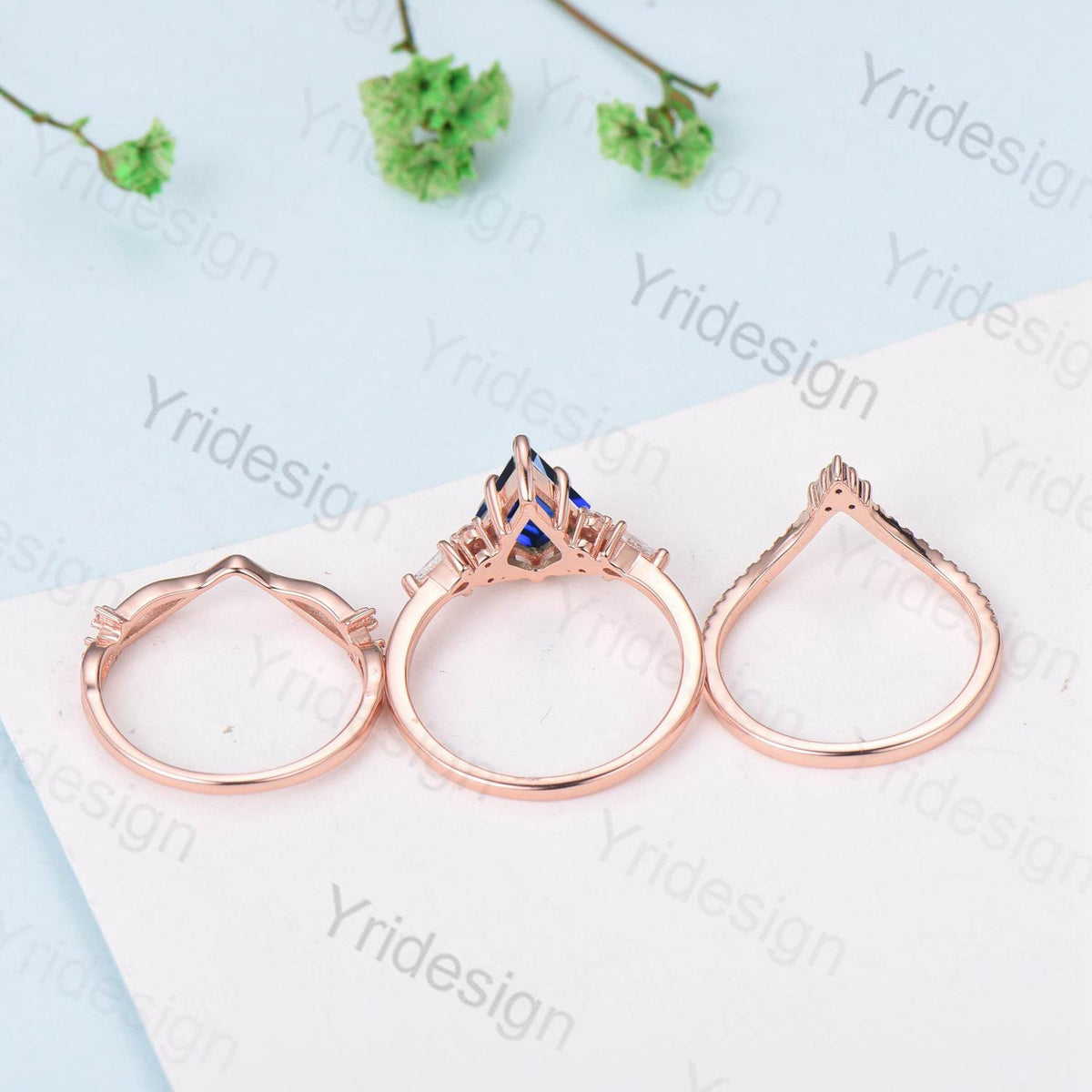 Vintage kite cut blue sapphire engagement ring set vintage 14k rose gold September birthstone jewelry 3pcs bridal wedding ring set gifts