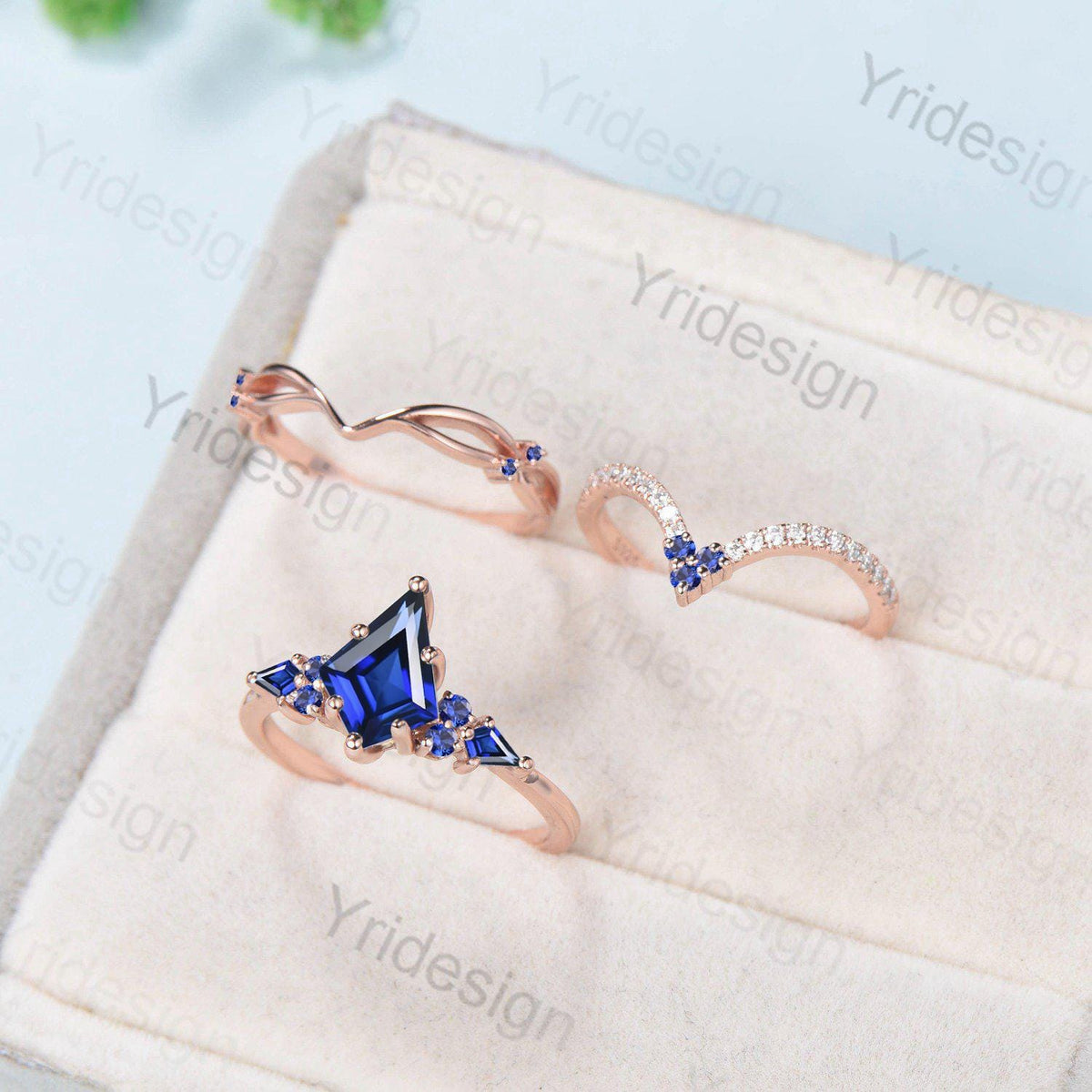 Vintage kite cut blue sapphire engagement ring set vintage 14k rose gold September birthstone jewelry 3pcs bridal wedding ring set gifts