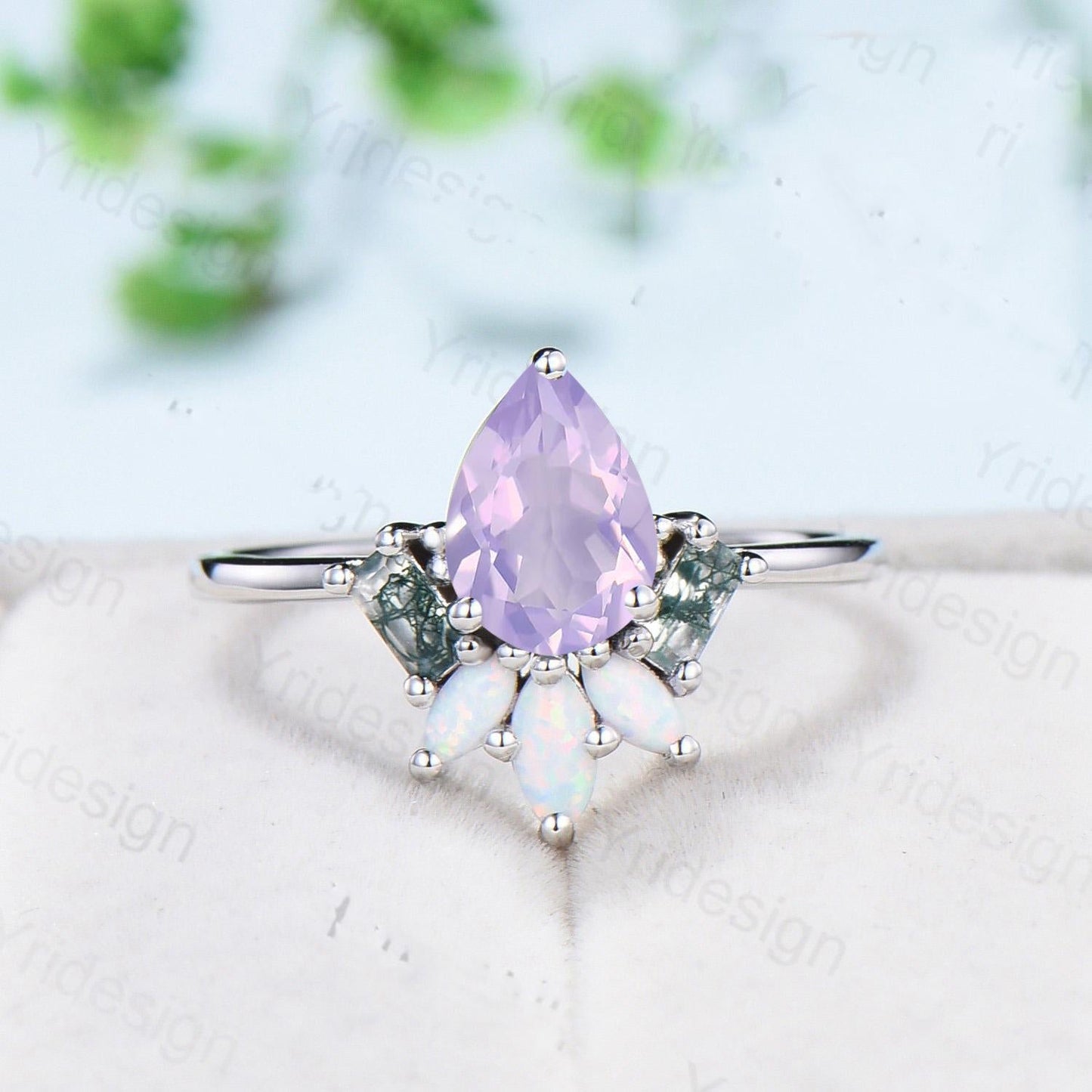 Unique Pear Shaped Lavender Amethyst Engagement Ring Baguette Moss Agate Marquise Opal Wedding Ring Vintage Handmade Anniversary Ring Gift