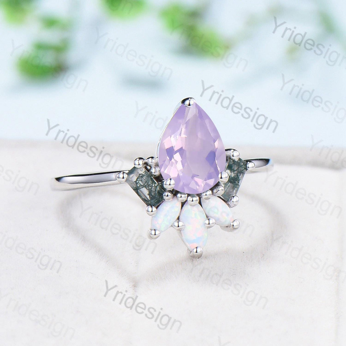 Unique Pear Shaped Lavender Amethyst Engagement Ring Baguette Moss Agate Marquise Opal Wedding Ring Vintage Handmade Anniversary Ring Gift