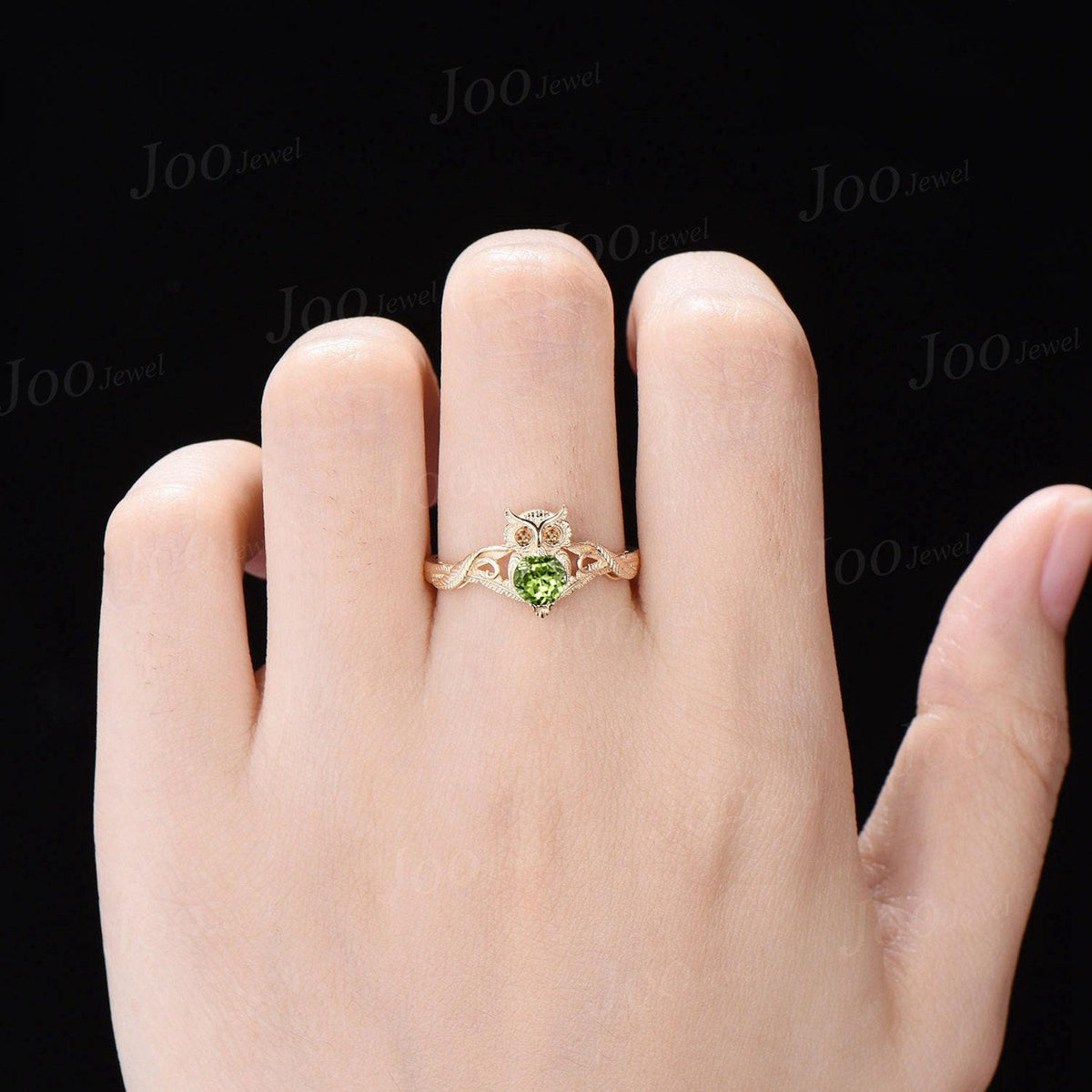 925 Sterling Silver 5mm Round Cut Citrine Peridot Owl on Branch Nature Engagement Ring Unique August Birthstone Birthday Gifts for Daughter