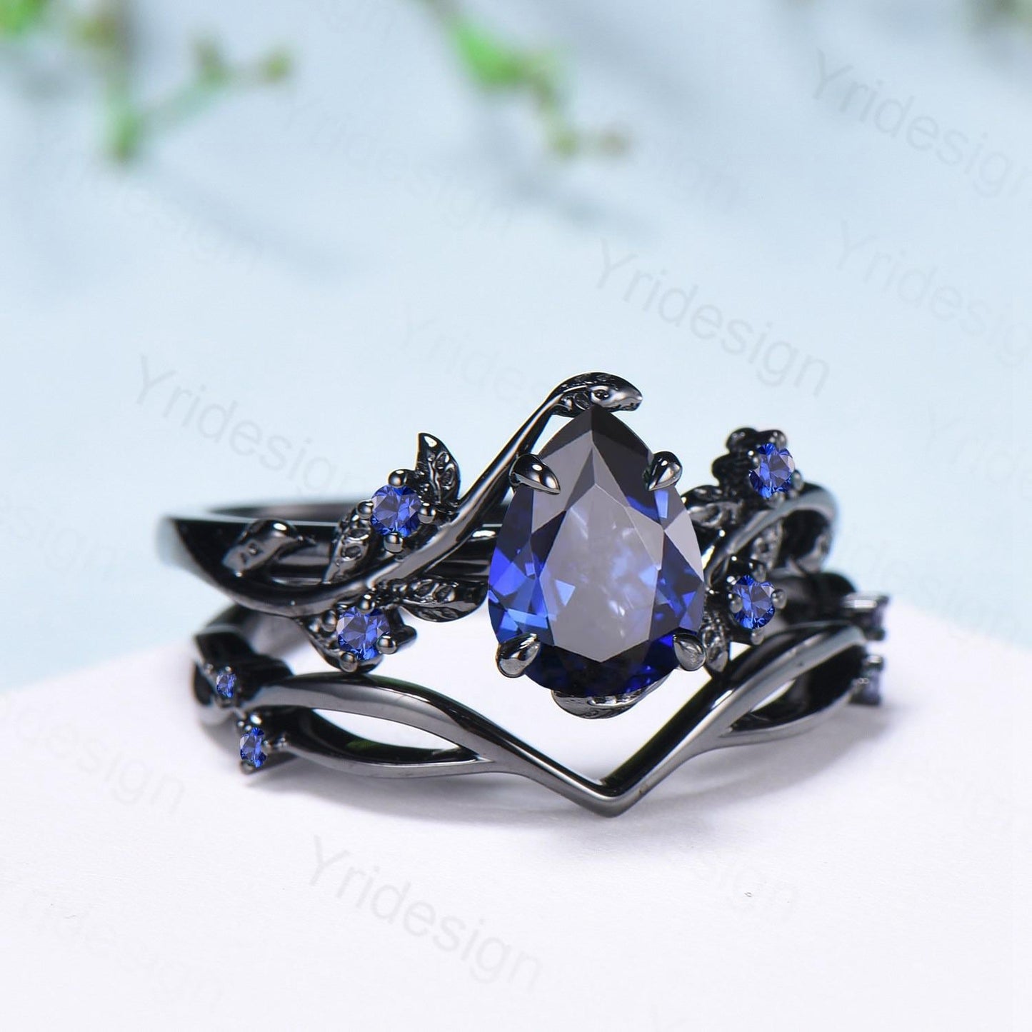 Nature Inspired Leaf sapphire ring set black gold branch twig sapphire engagement ring women unique Sep birthstone wedding set for women
