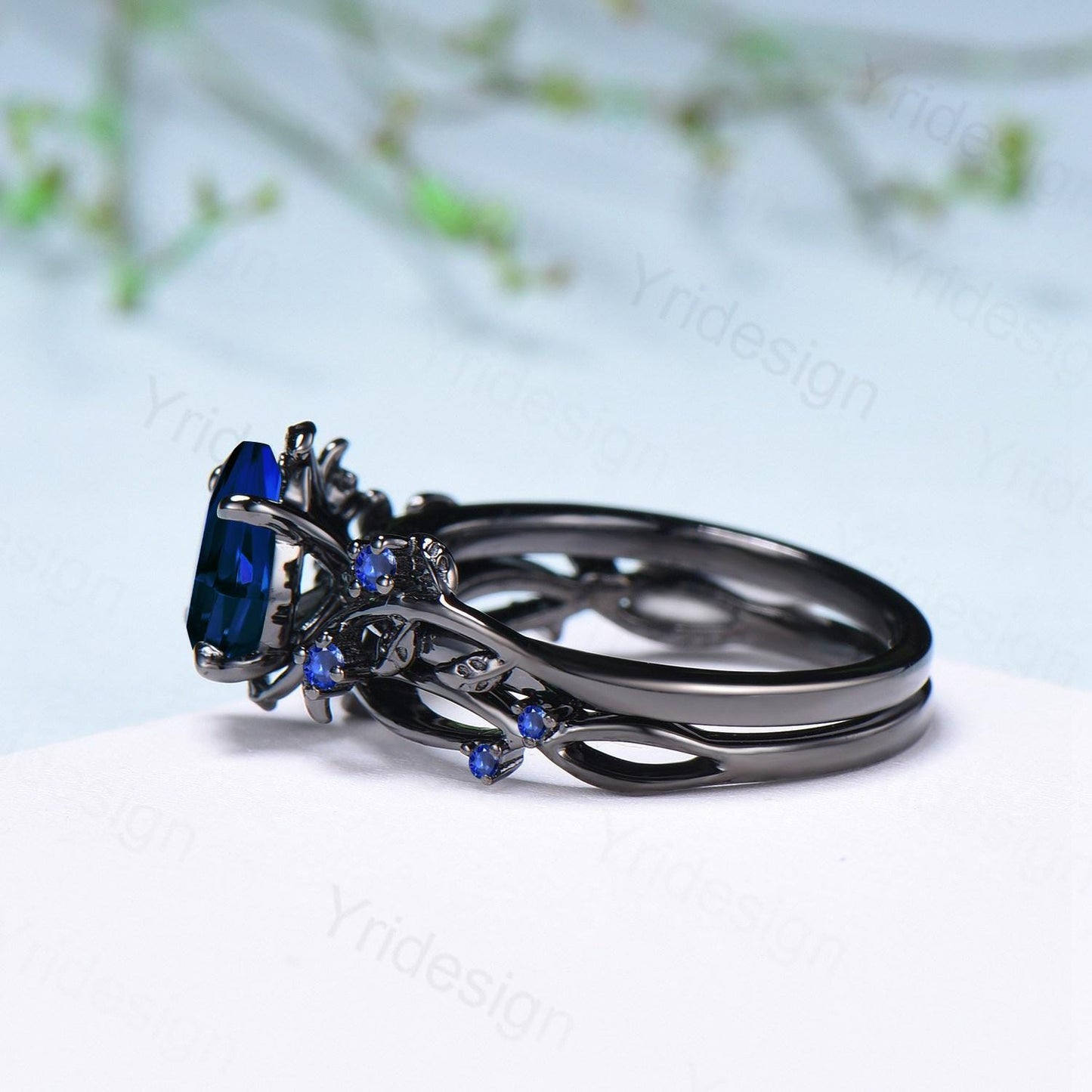 Nature Inspired Leaf sapphire ring set black gold branch twig sapphire engagement ring women unique Sep birthstone wedding set for women