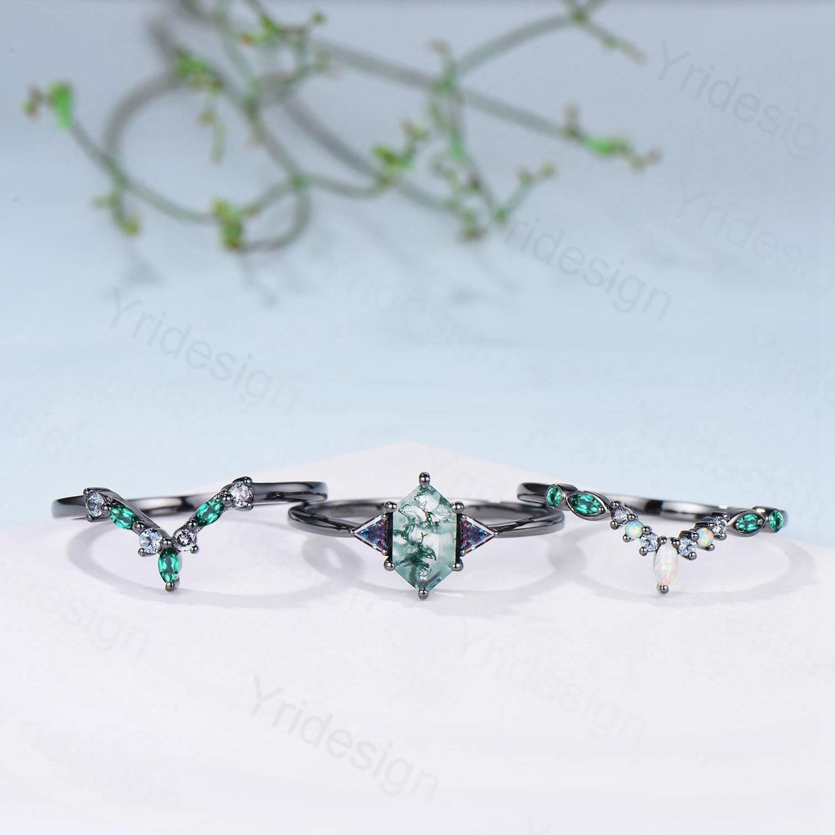 Three Stone Black Gold Moss Agate Wedding Set Unique Long Hexagon Green Agate Trillion Alexandrite Gothic Engagement Ring Emerald Opal Band