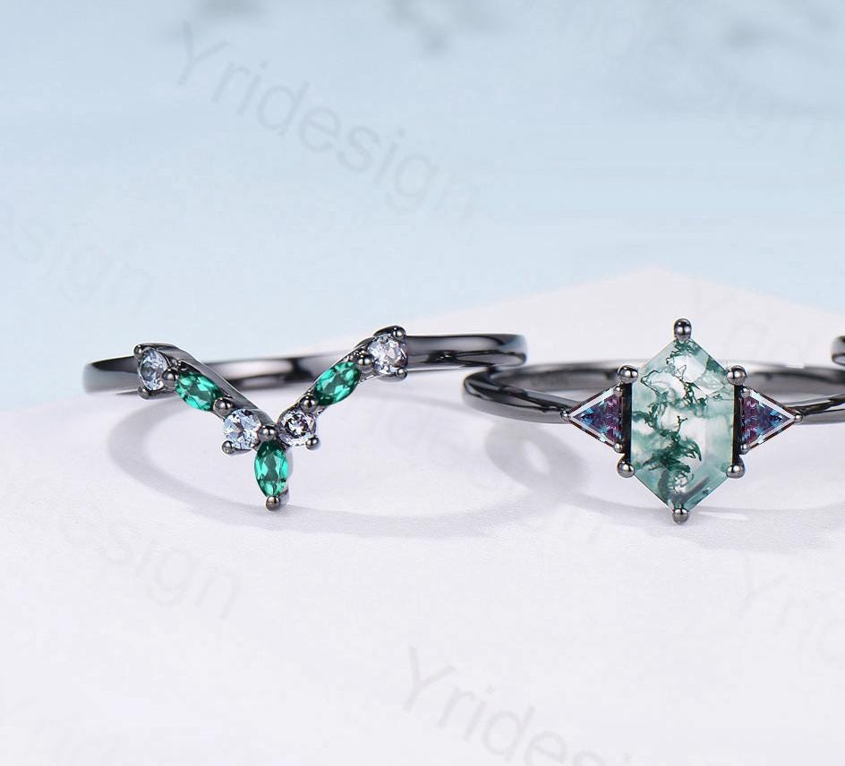Three Stone Black Gold Moss Agate Wedding Set Unique Long Hexagon Green Agate Trillion Alexandrite Gothic Engagement Ring Emerald Opal Band