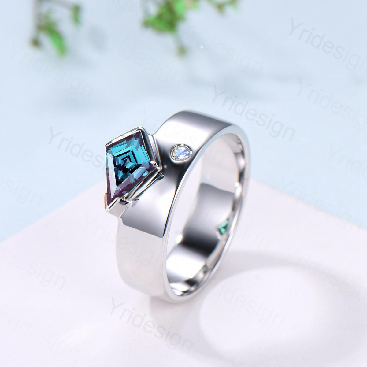 One Of a Kind Alexandrite Wedding Band Men Unique Kite Cut Alexandrite Moonstone Men's Wedding Ring 6mm Stacking Anniversary Matching Band