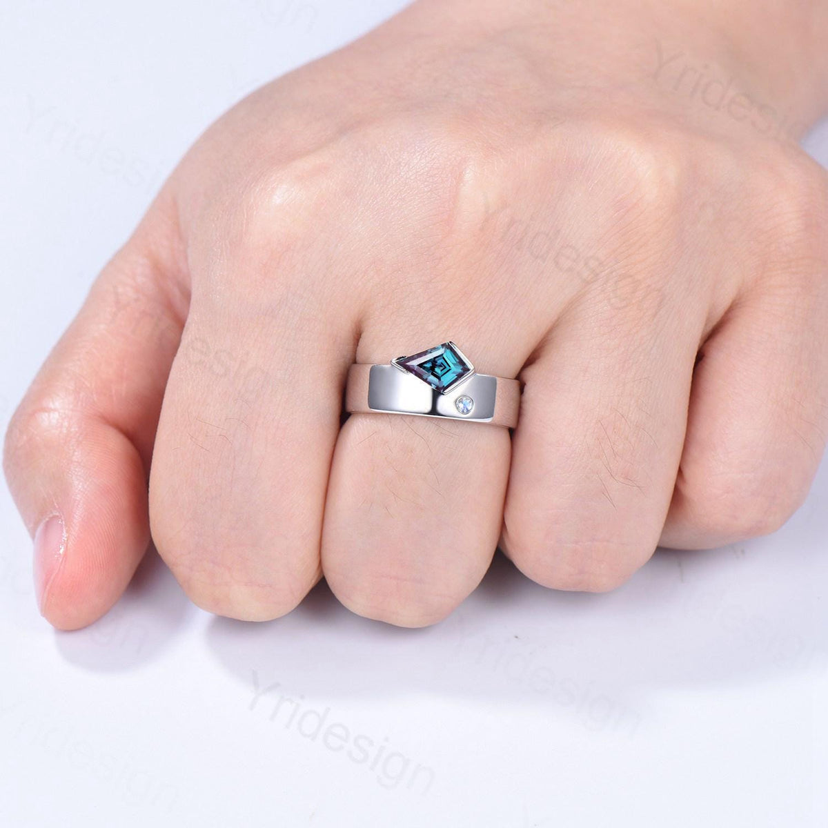 One Of a Kind Alexandrite Wedding Band Men Unique Kite Cut Alexandrite Moonstone Men's Wedding Ring 6mm Stacking Anniversary Matching Band