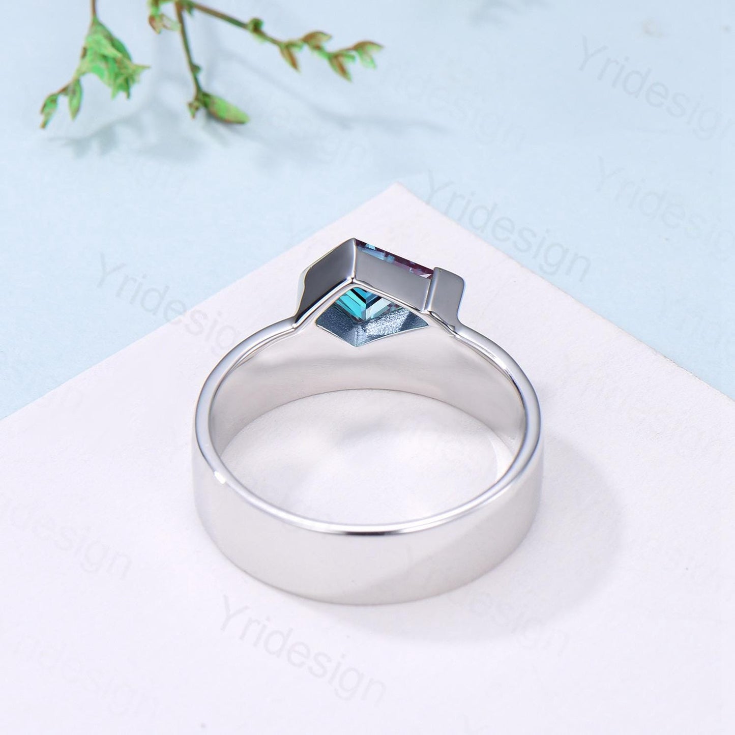 One Of a Kind Alexandrite Wedding Band Men Unique Kite Cut Alexandrite Moonstone Men's Wedding Ring 6mm Stacking Anniversary Matching Band