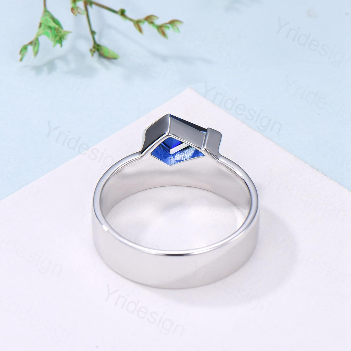 Kite Cut Blue Sapphire Men's Wedding Band, Retro Anniversary Ring