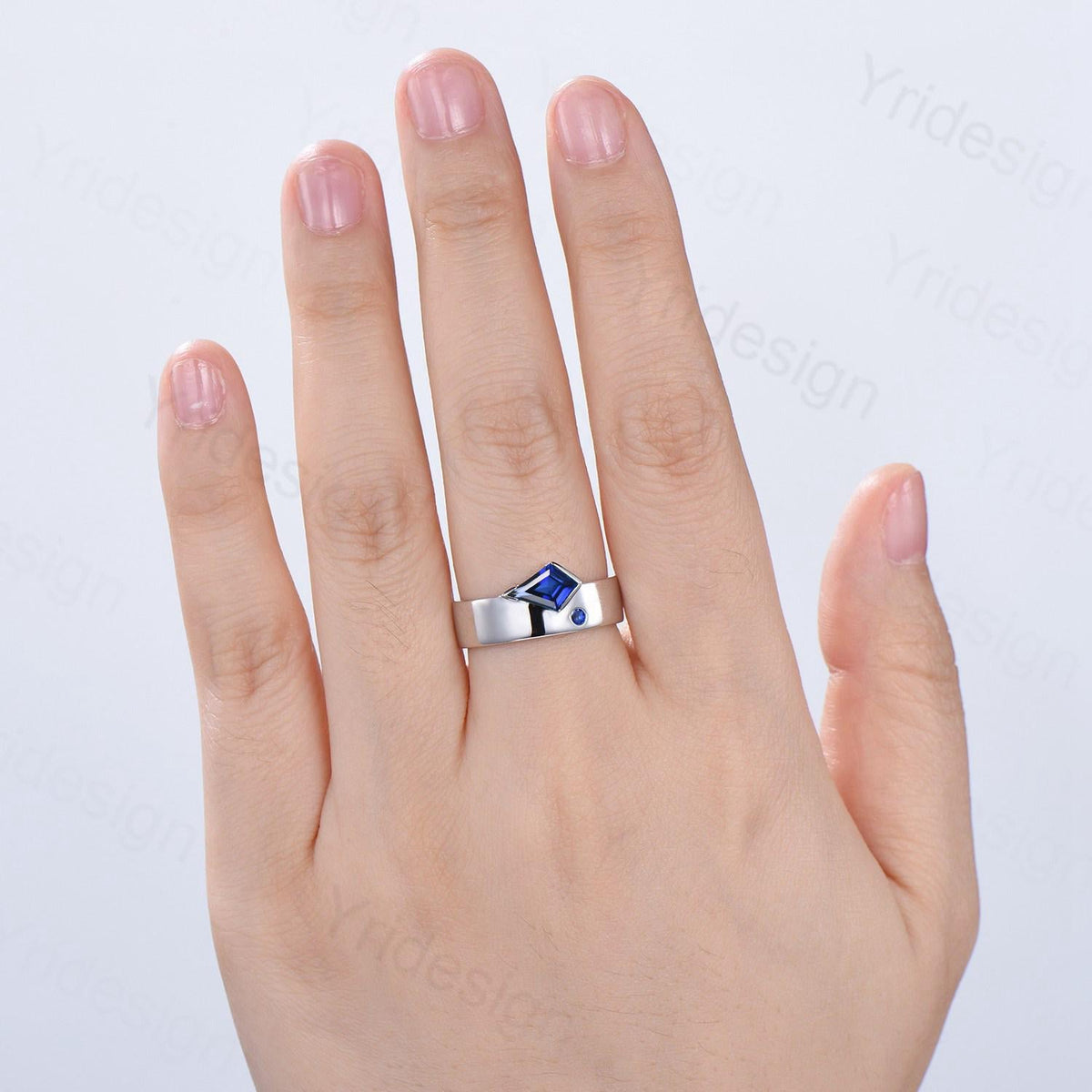 Kite Cut Blue Sapphire Men's Wedding Band, Retro Anniversary Ring