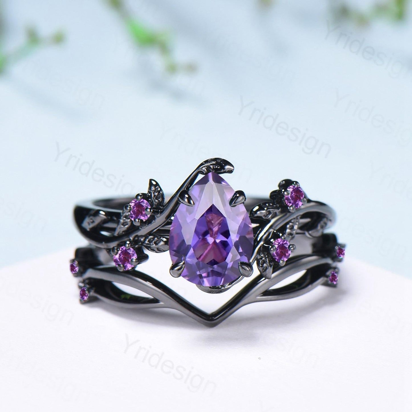 Black Gold Purple Sapphire Bridal Ring Set, Vintage Leaf Amethyst Wedding Rings
