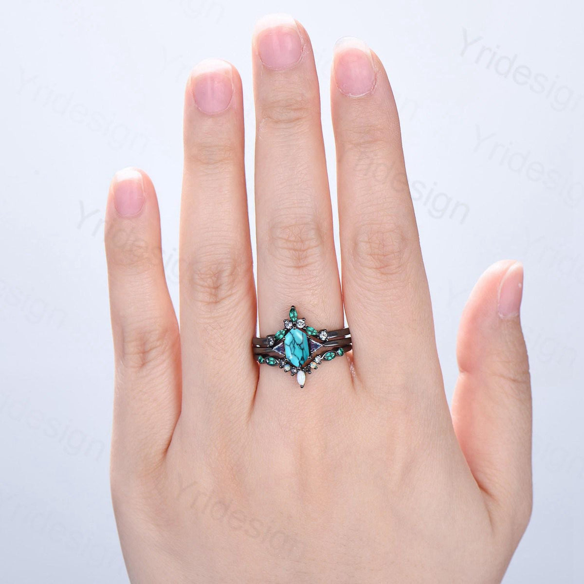 Black Gold Turquoise Ring Set, Alexandrite Opal Bridal Rings