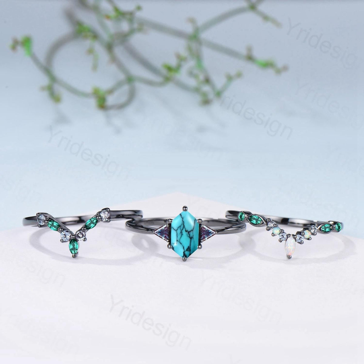 Black Gold Turquoise Ring Set, Alexandrite Opal Bridal Rings