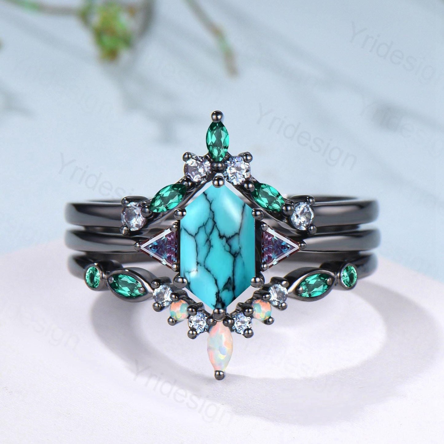 Black Gold Turquoise Ring Set, Alexandrite Opal Bridal Rings