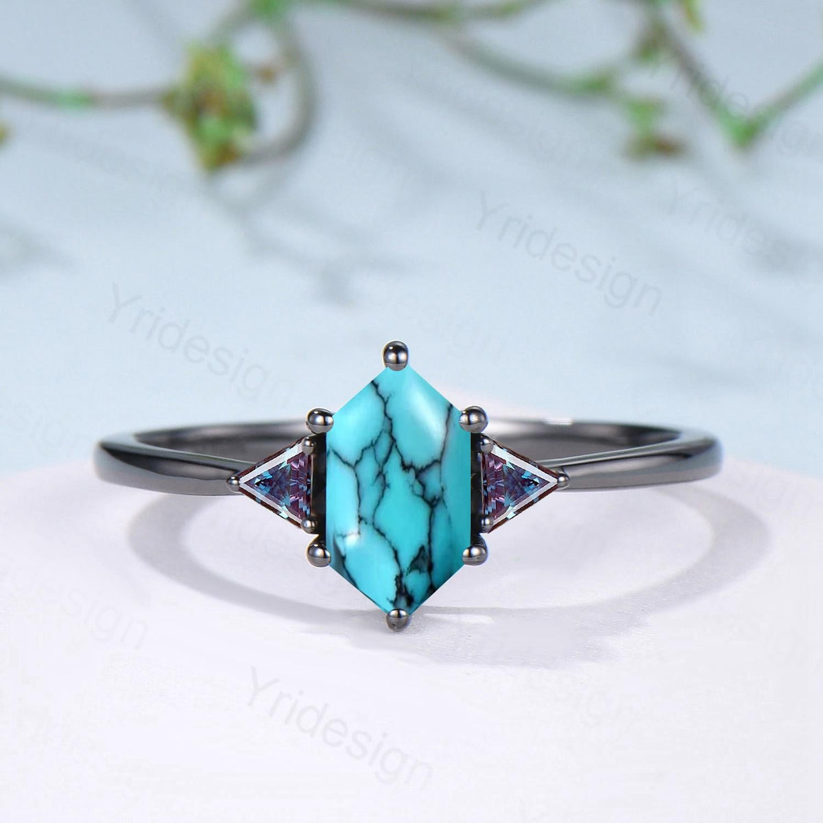 Black Gold Turquoise Ring Set, Alexandrite Opal Bridal Rings