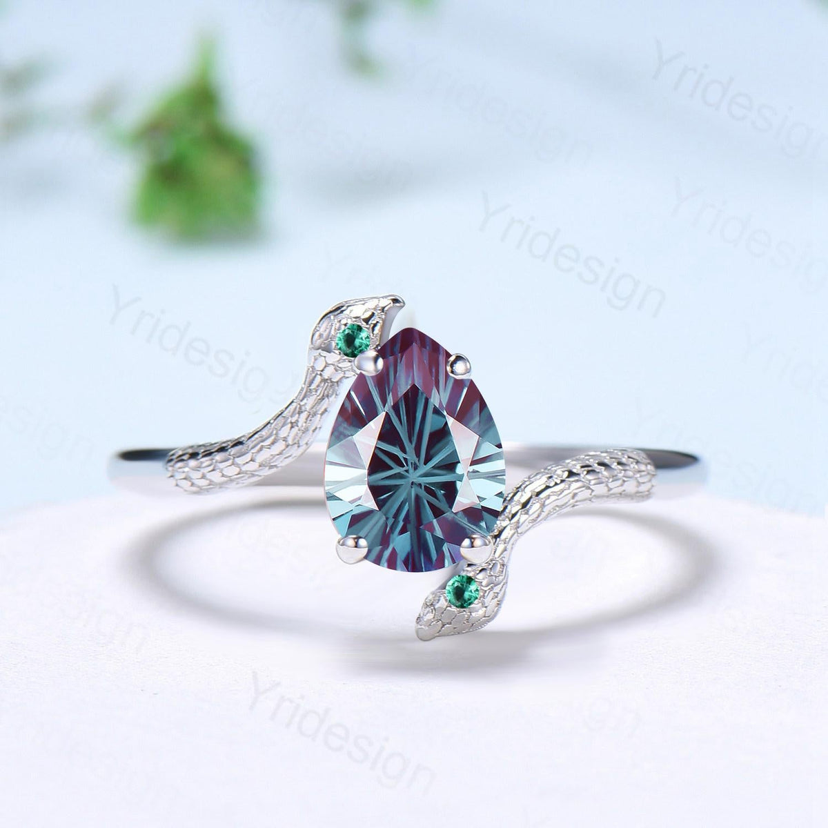Snake Alexandrite Engagement Ring, Pear Cut Gothic Wedding Ring, Rose Gold