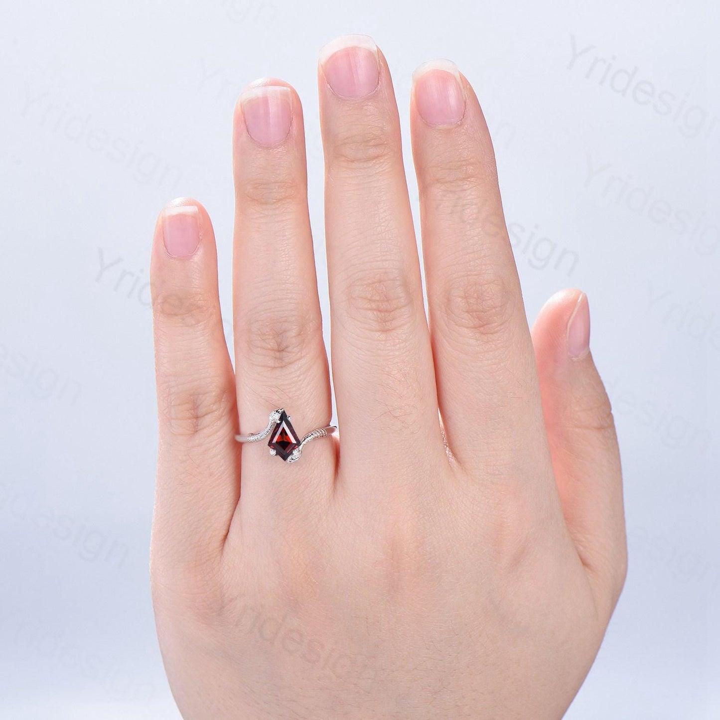 Garnet Snake Ring, Black Gold Gothic Engagement Ring, Kite Cut