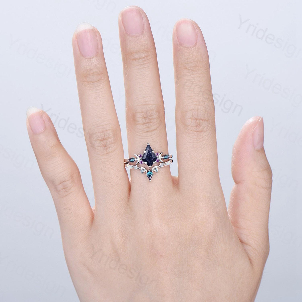 Vintage kite cut blue sandstone engagement ring set Crescent moon star alexandrite amethyst cluster ring unique gothic bridal ring set women