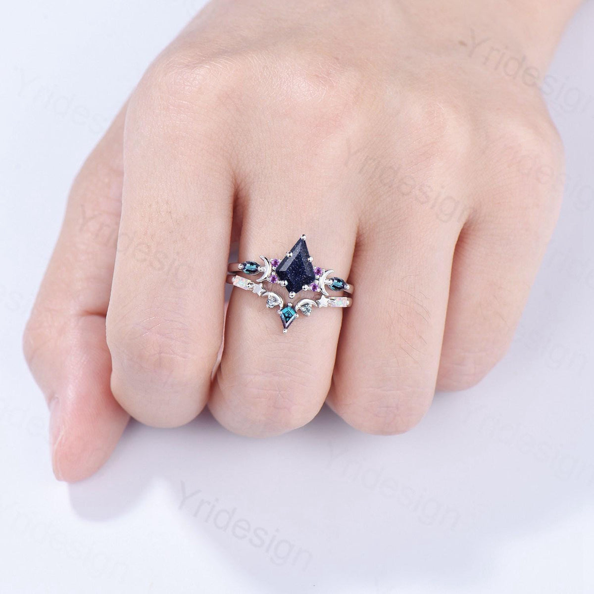 Vintage kite cut blue sandstone engagement ring set Crescent moon star alexandrite amethyst cluster ring unique gothic bridal ring set women