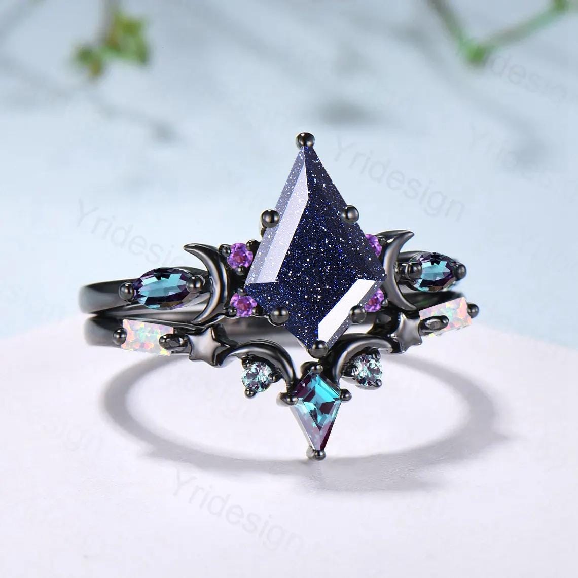 Vintage kite cut blue sandstone engagement ring set Crescent moon star alexandrite amethyst cluster ring unique gothic bridal ring set women