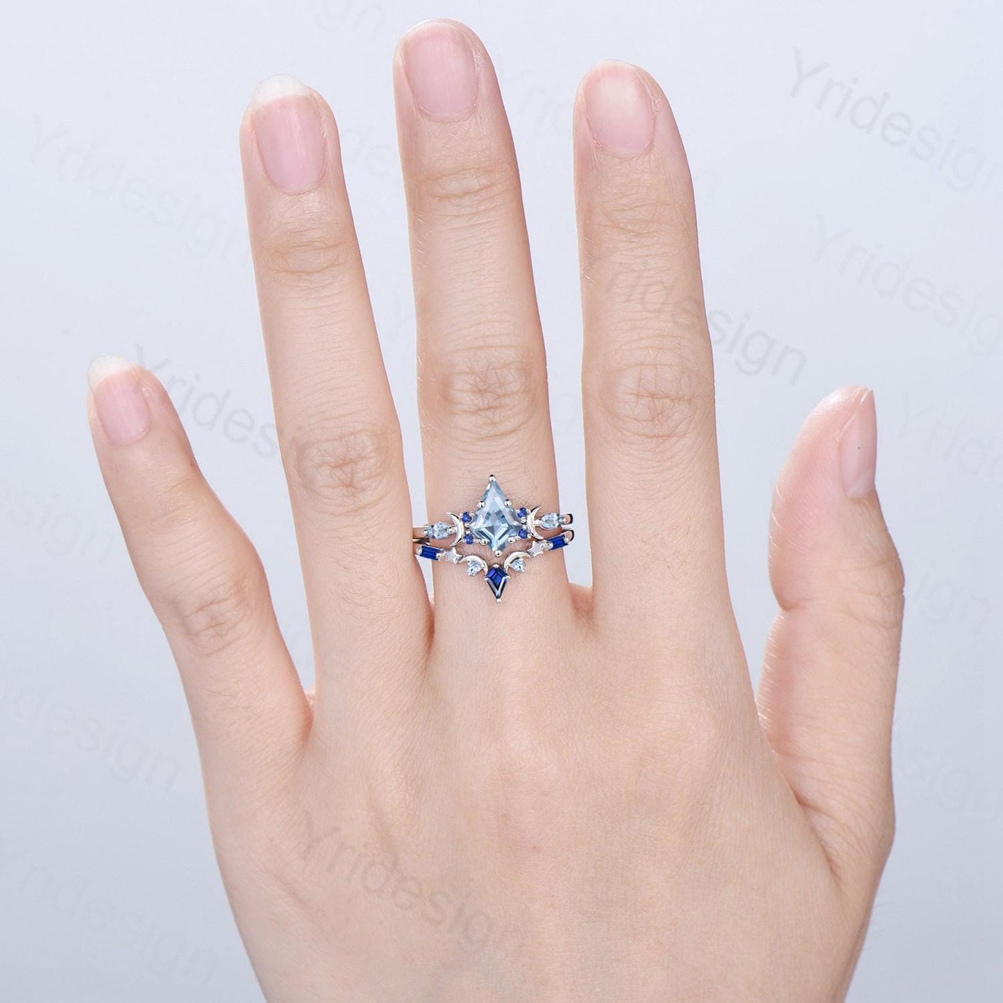 Vintage Aquamarine ring set Unique kite cut aquamarine moon star engagement ring set Elegant March birthstone sapphire wedding set for women