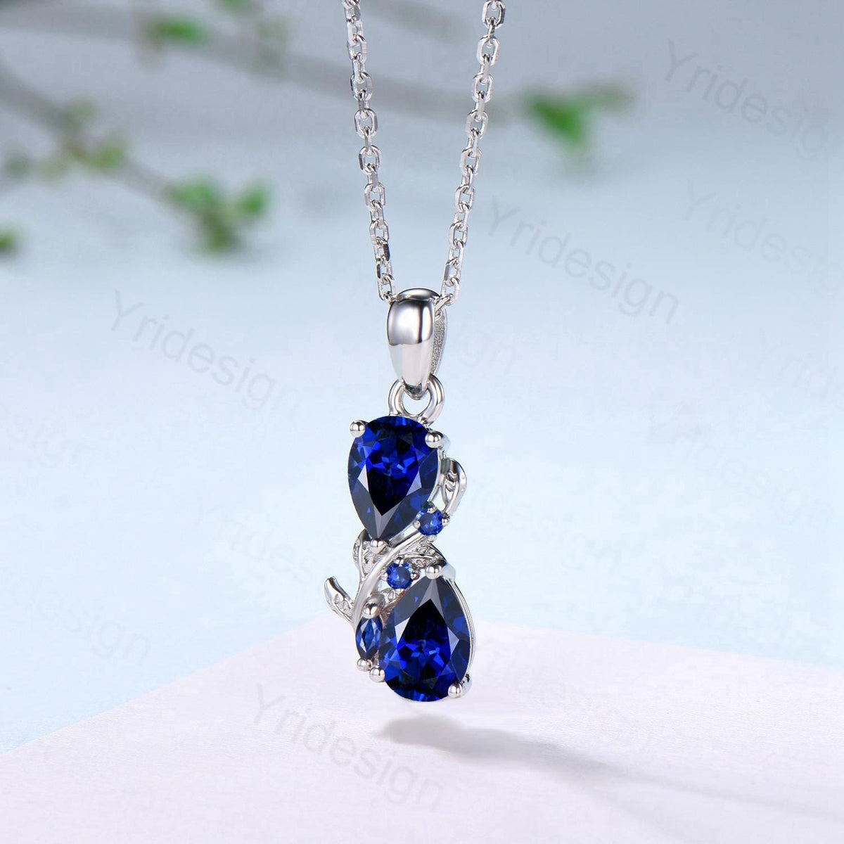 Pear Sapphire Pendant Necklace, 14K Rose Gold Branch & Snake Design