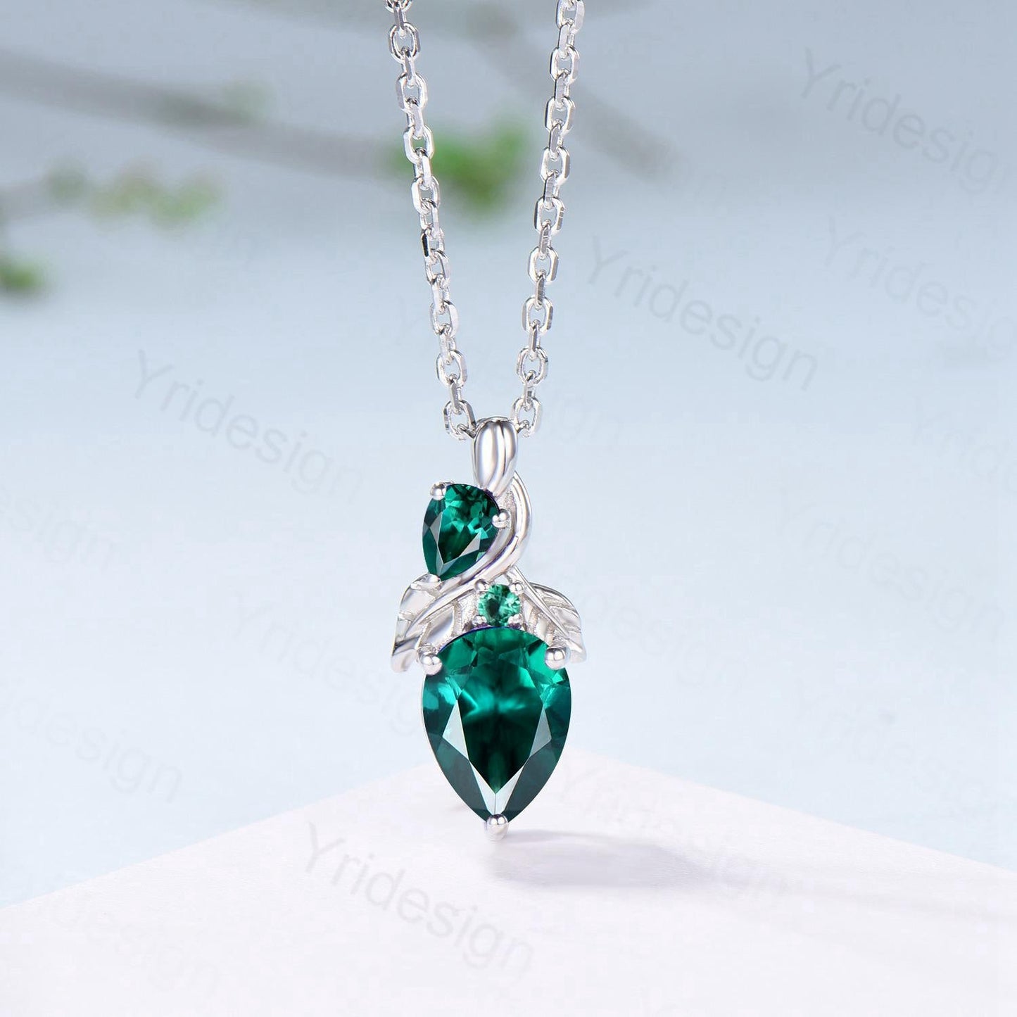 Pear Emerald Necklace, May Birthstone, Nature Inspired Vine Pendant