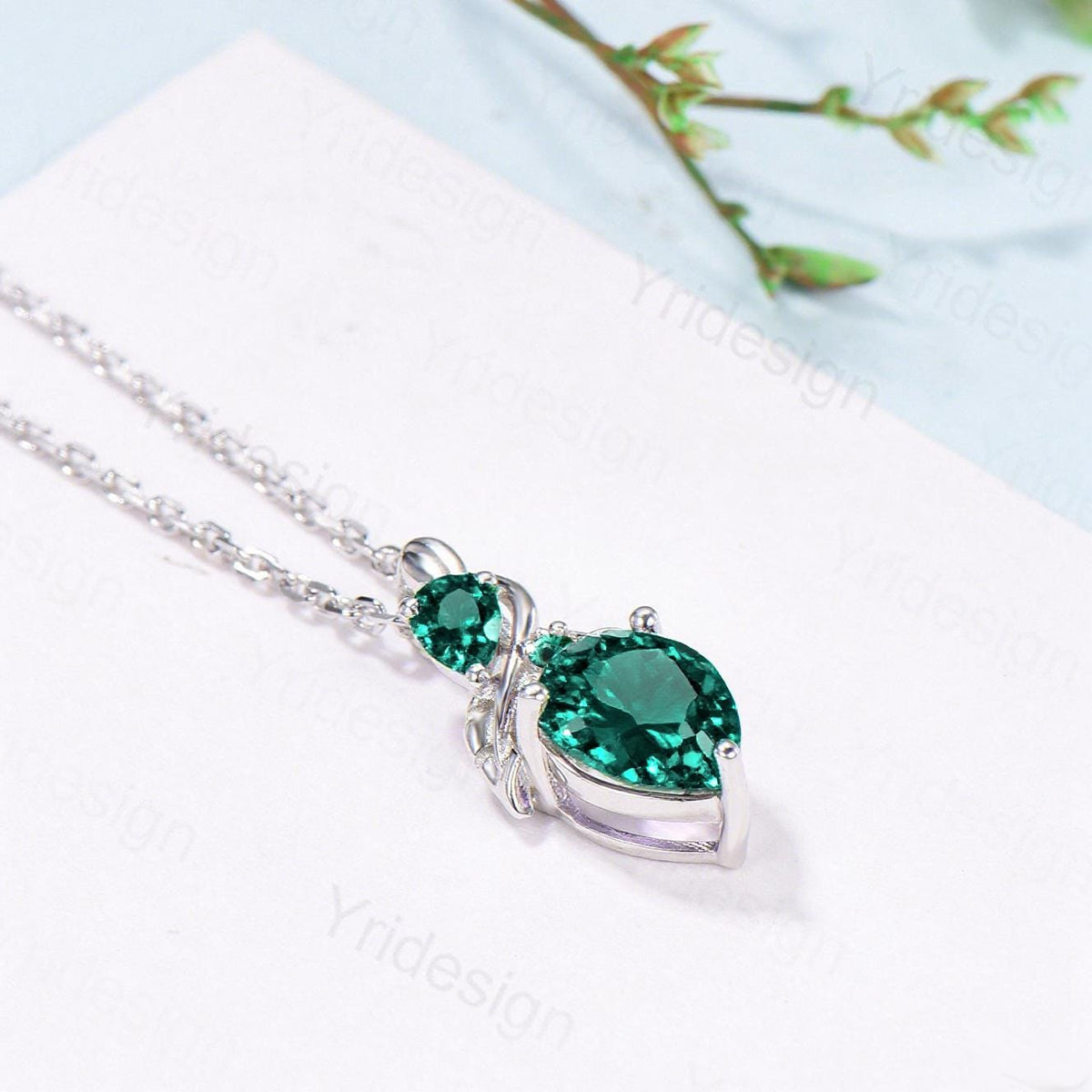 Pear Emerald Necklace, May Birthstone, Nature Inspired Vine Pendant