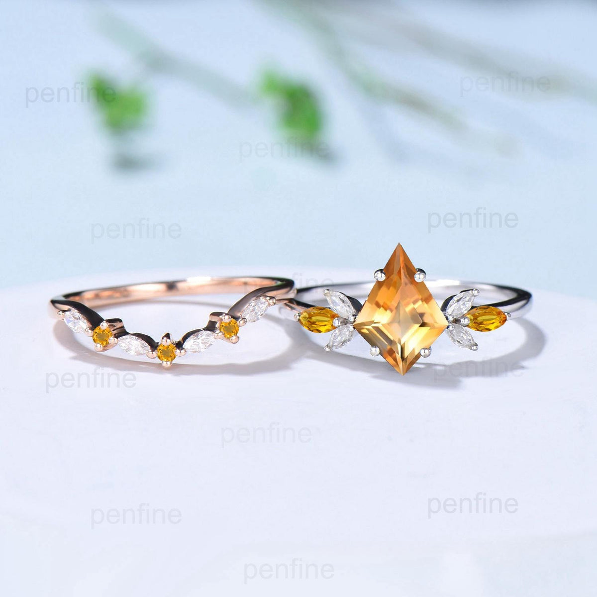 Retro citrine engagement ring set kite cu Vintage kite cut citrine wedding ring for women yellow crystal November birthstone promise ring