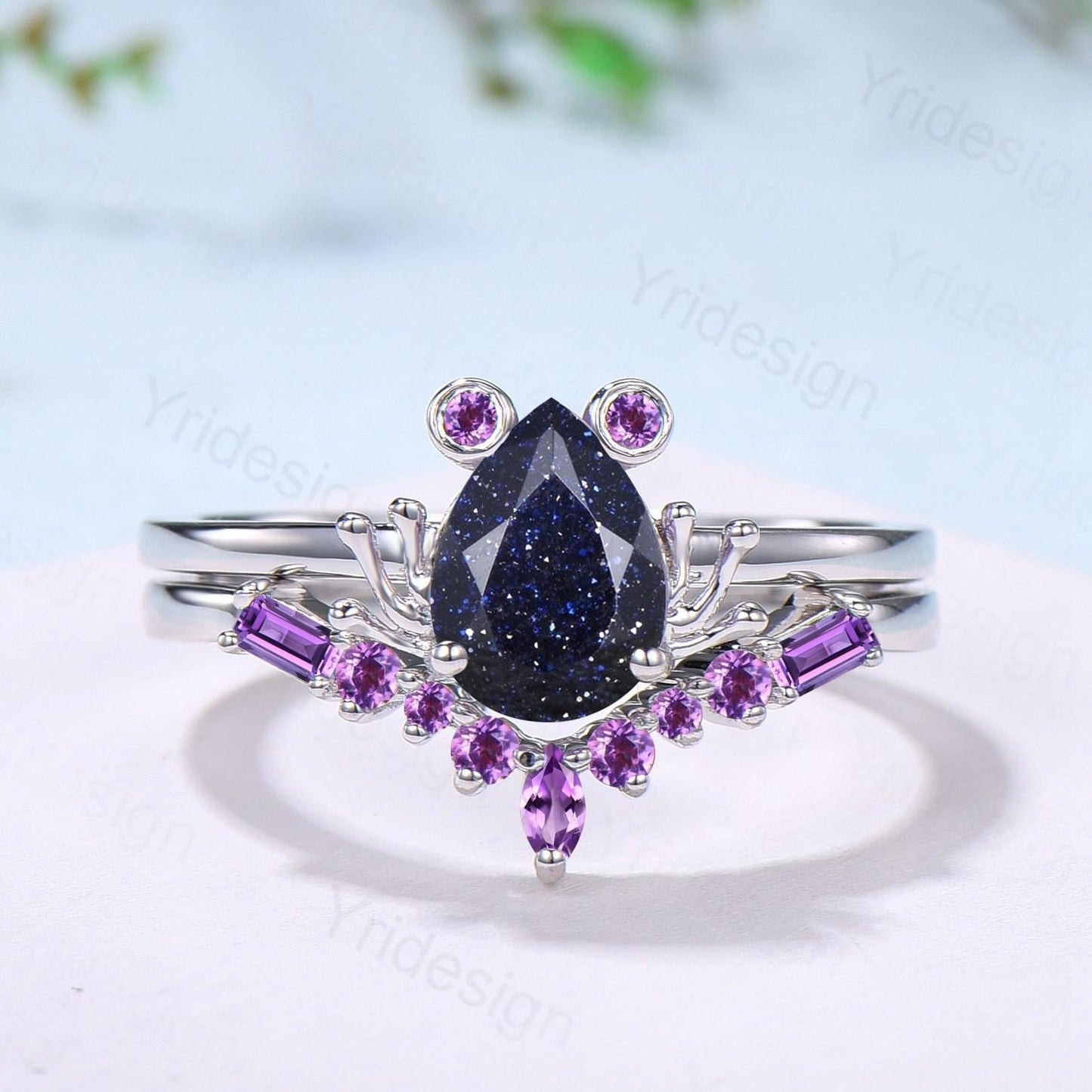 Unique pear blue sandstone engagement ring set, Frog animal inspired galaxy wedding set, three stone amethyst bridal set anniversary gift