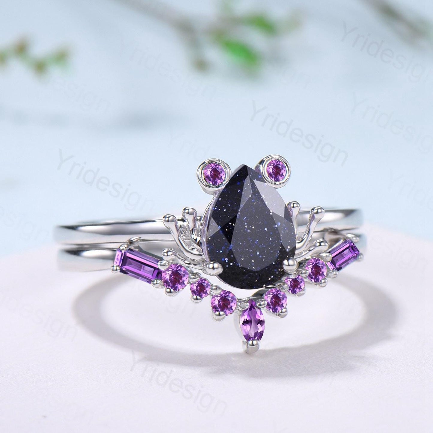 Unique pear blue sandstone engagement ring set, Frog animal inspired galaxy wedding set, three stone amethyst bridal set anniversary gift