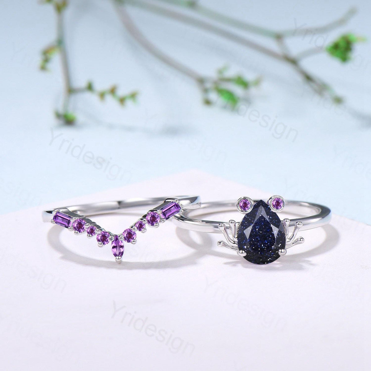 Unique pear blue sandstone engagement ring set, Frog animal inspired galaxy wedding set, three stone amethyst bridal set anniversary gift
