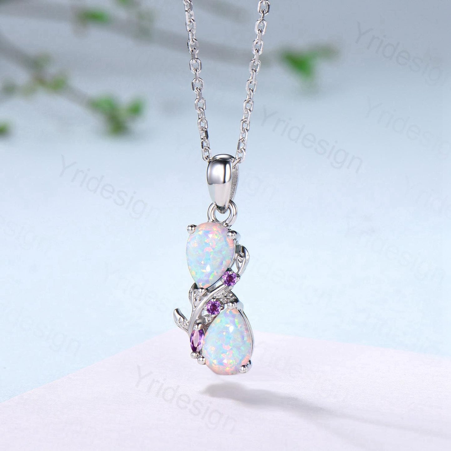 Handmade White Opal Pendant Necklace, Amethyst Accent, 14K Gold