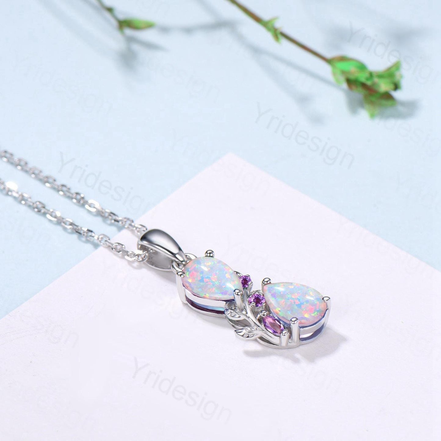 Handmade White Opal Pendant Necklace, Amethyst Accent, 14K Gold