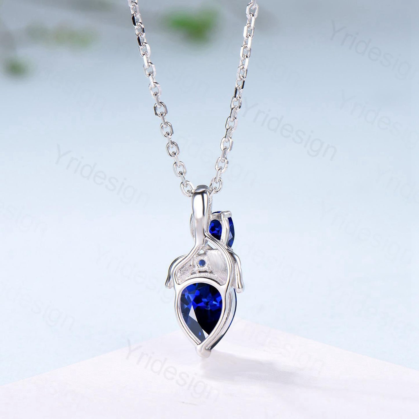 Pear Blue Sapphire Pendant Necklace, Nature Inspired Leaf Vine, Handmade Gold