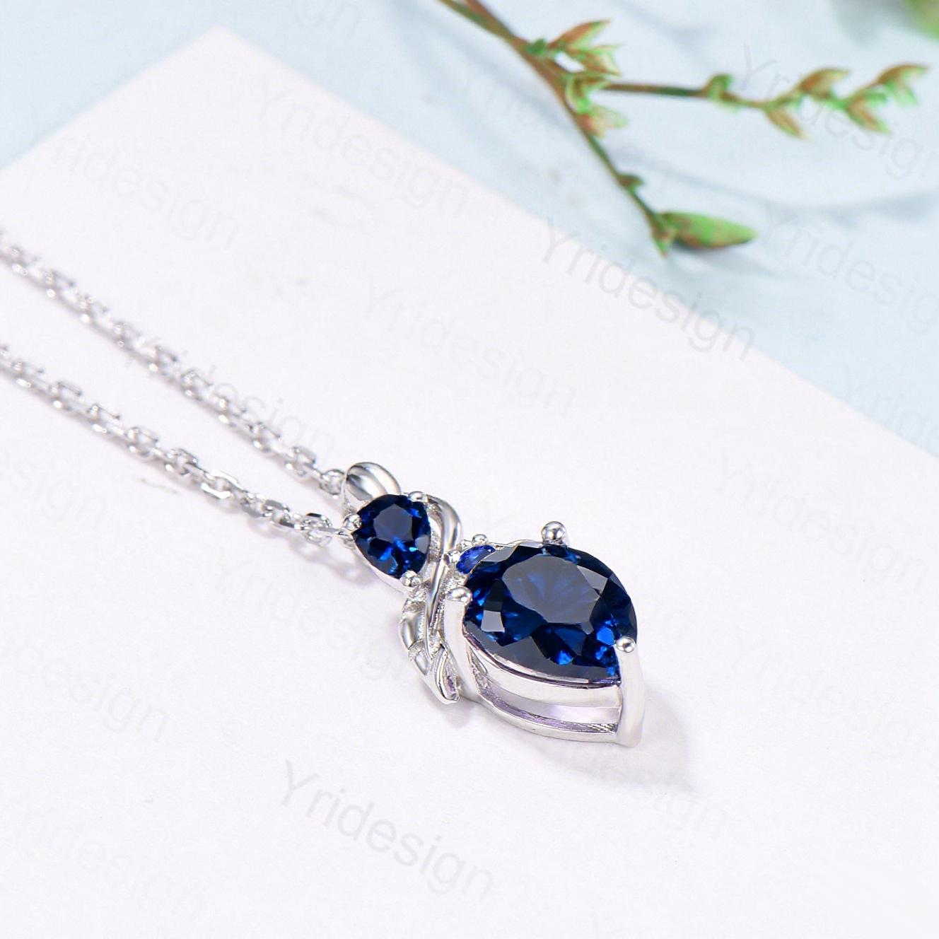 Pear Blue Sapphire Pendant Necklace, Nature Inspired Leaf Vine, Handmade Gold