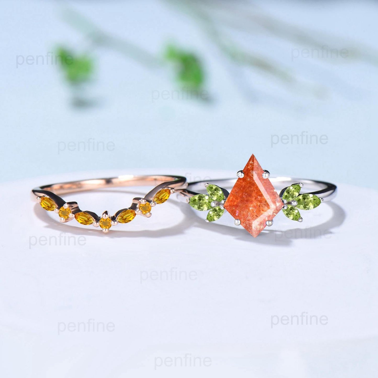 Retro sunstone engagement ring set kite cut Vintage cluster peridot wedding ring yellow crystal citrine birthstone promise ring for women