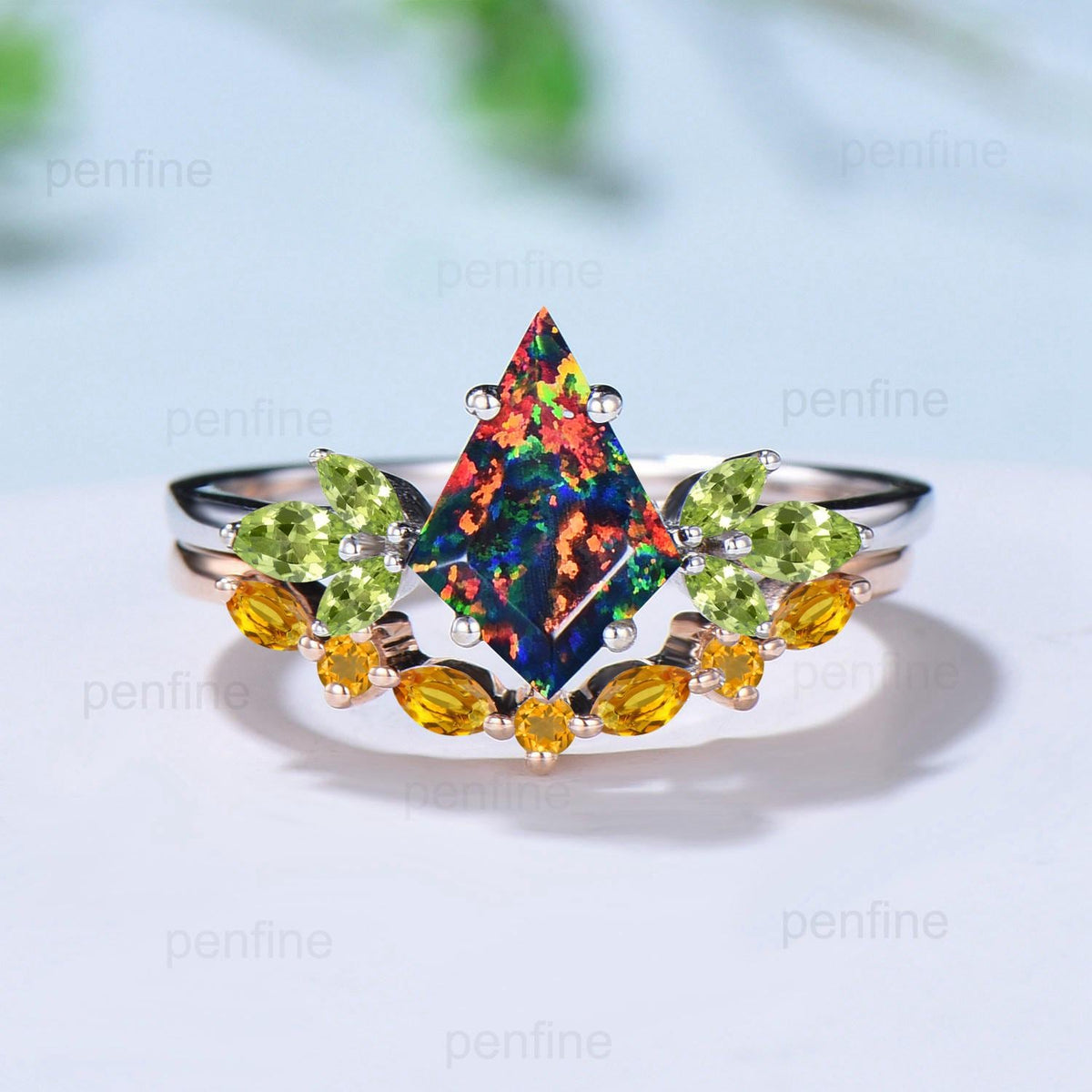 Retro kite cut black fire opal engagement ring set Vintage cluster peridot wedding ring citrine stacking band October birthstone bridal set