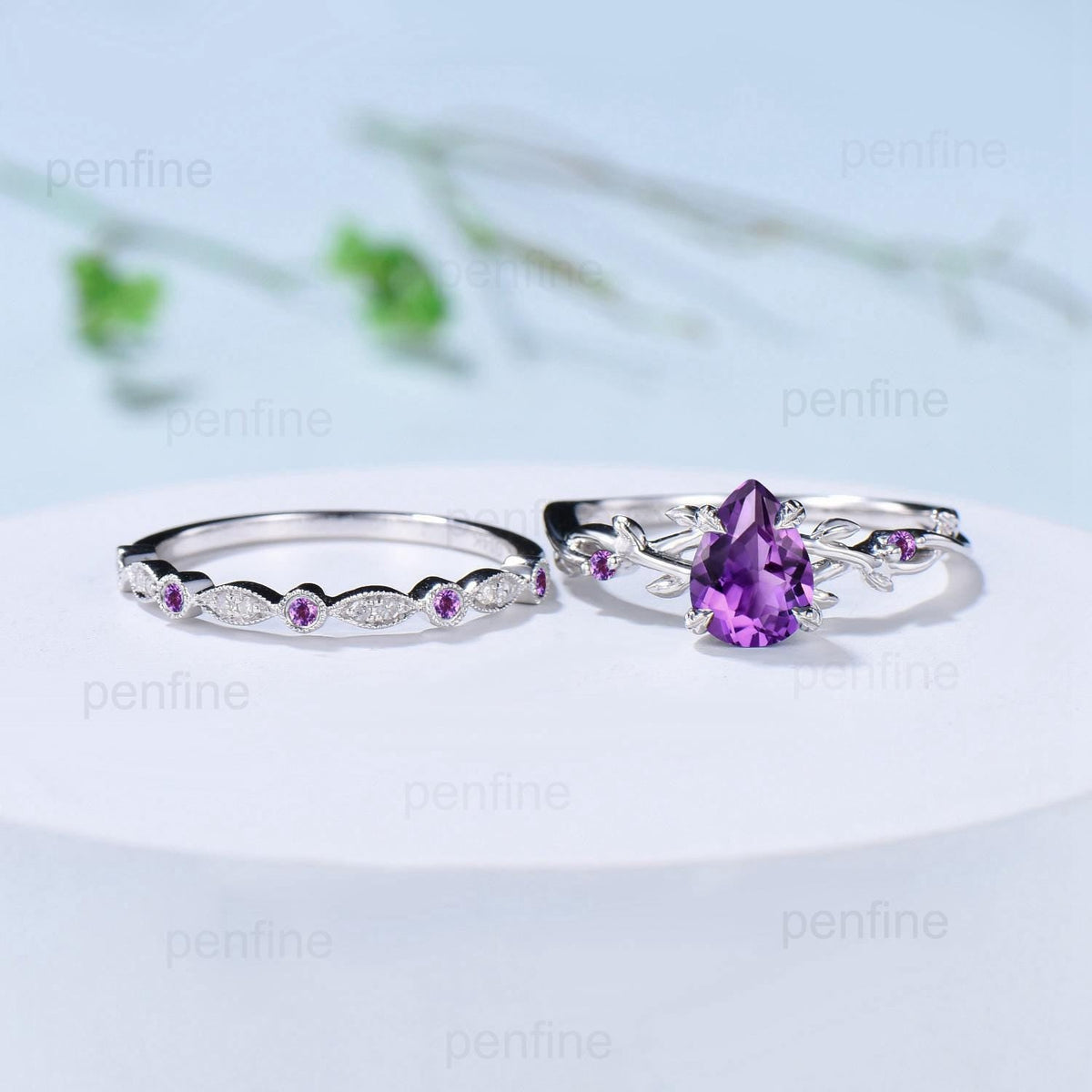 Vintage Amethyst Ring Set Pear Shaped Purple Amethyst Engagement Ring Nature Inspired Wedding Set Art Deco February Birthstone Jewelry Gift