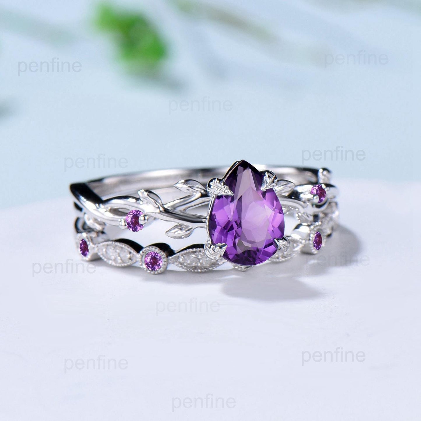 Vintage Amethyst Ring Set Pear Shaped Purple Amethyst Engagement Ring Nature Inspired Wedding Set Art Deco February Birthstone Jewelry Gift