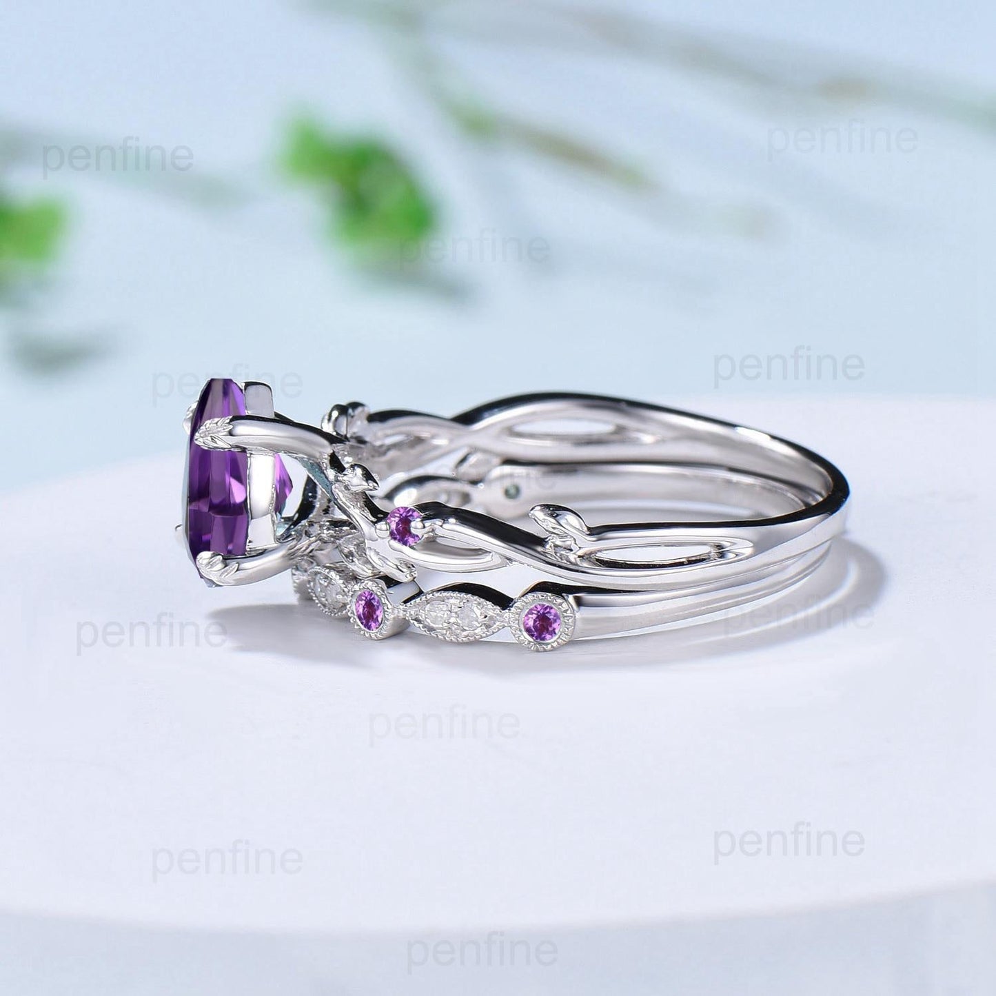 Vintage Amethyst Ring Set Pear Shaped Purple Amethyst Engagement Ring Nature Inspired Wedding Set Art Deco February Birthstone Jewelry Gift