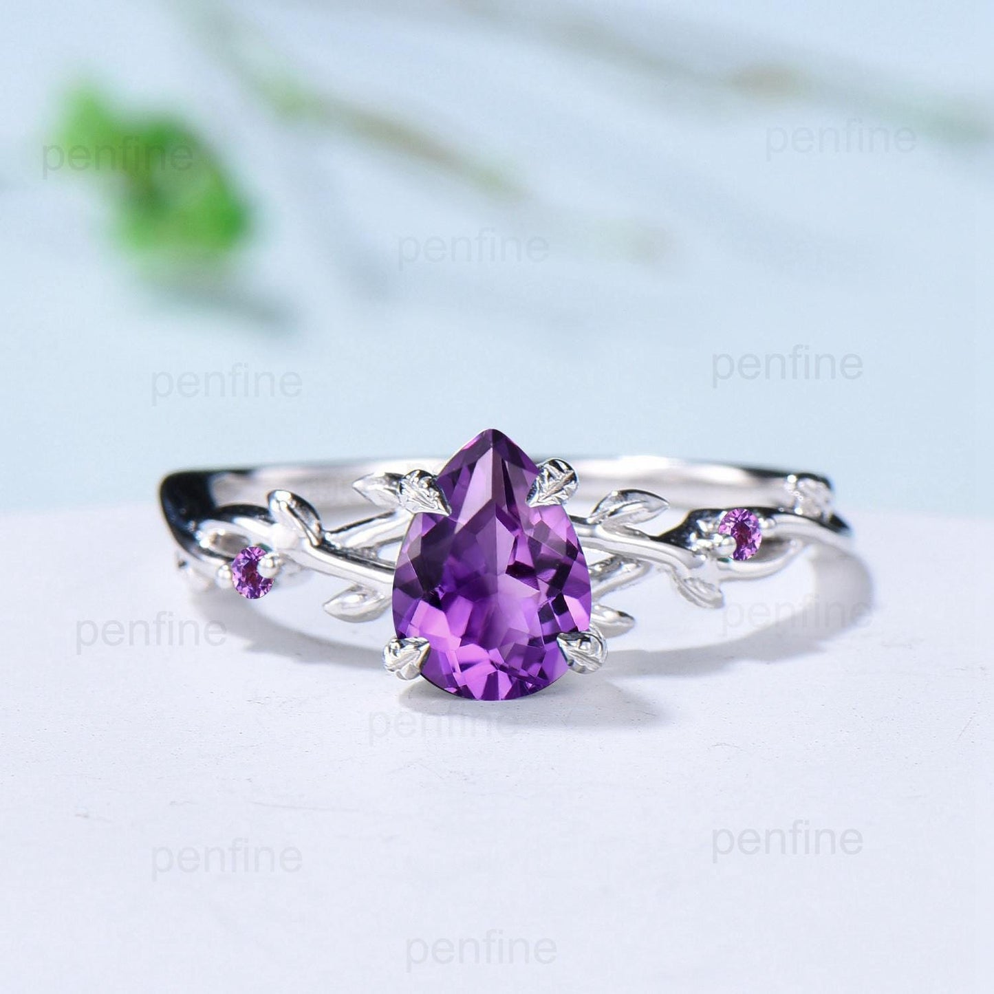 Vintage Amethyst Ring Set Pear Shaped Purple Amethyst Engagement Ring Nature Inspired Wedding Set Art Deco February Birthstone Jewelry Gift